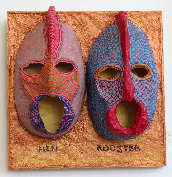 Two Chickens: masks c.1984, wall mounted 2023, made by Henry Sultan; click to enlarge.