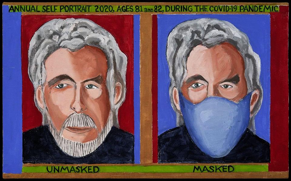 Self-portrait at 81 & 82 unmasked and masked; painted by Henry Sultan; click to enlarge.