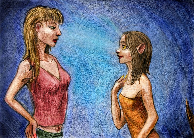 Tall girl, Vera, in red top, glaring at delicate Quin, perhaps a unicorn-human hybrid? Dream sketch by Wayan. Click to enlarge.