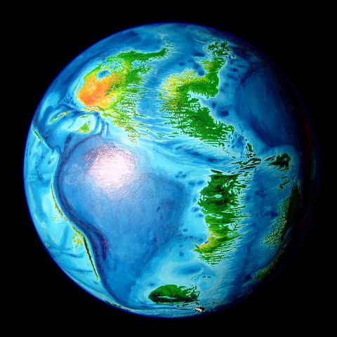 Abyssia: Earth with all topography inverted and the same amount of water. Only abysses are above water. South American Ocean, lower left; lobe of African Ocean, upper right; down the middle, the Atlantis Strip