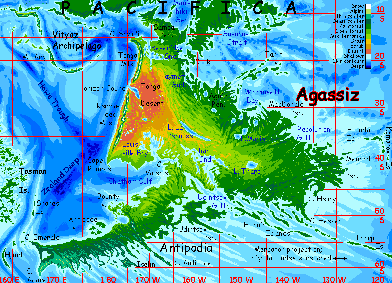 Map of Agassiz, a continent on Abyssia, an alternate Earth whose relief has been inverted: heights are depths and vice versa.