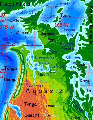 Map by Chris Wayan of northern Agassiz, a continent in the equivalent of our Pacific Basin, on Abyssia, an Earth where up is down and down is up.