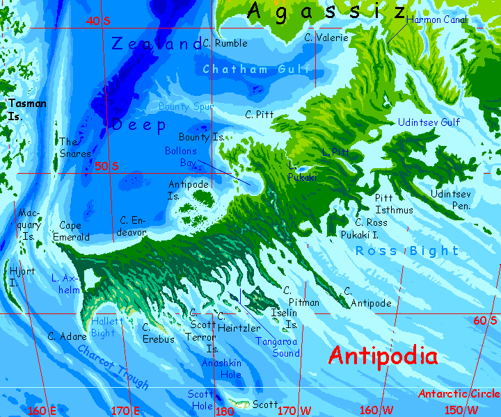 Map of Antipodia (southern Agassiz), on Abyssia, an alternate Earth whose relief has been inverted: heights are depths and vice versa.