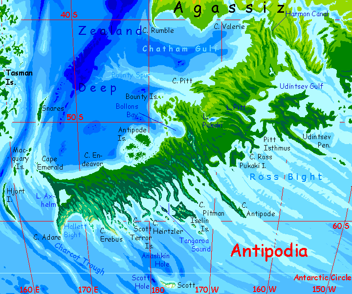 Map of Antipodia (southern Agassiz), on Abyssia, an alternate Earth whose relief has been inverted: heights are depths and vice versa.