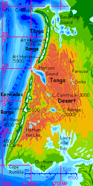 Map of the Kermadec Mts and Tonga Desert of western Agassiz, a continent on Abyssia, an alternate Earth whose relief has been inverted: heights are depths and vice versa.