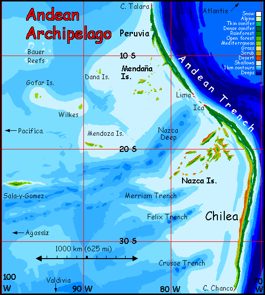Map of the Andean Archipelago, a long north-south island chain: Peruvia, Chilea, and the Mendana and Nazca Is. The Andeans are on Abyssia, an alternate Earth where up is down and down is up.