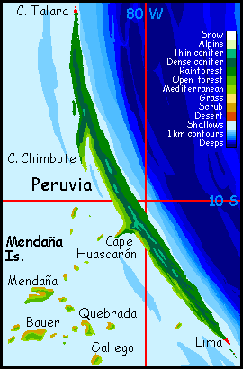 Map of Peruvia, a long north-south island on Abyssia, an alternate Earth where up is down and down is up.