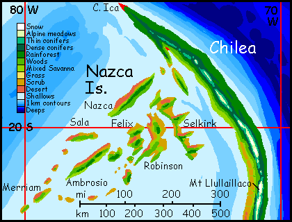 Map of Chilea, a long north-south island on Abyssia, an alternate Earth where up is down and down is up.