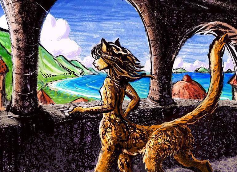 A leptaur looking out over Port Sala, west of Chilea, on Abyssia; sketch by Chris Wayan. Click to enlarge.