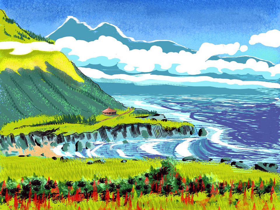 Rugged SW coast of Angolia on Abyssia. Sketch by Wayan, after a print by Tom Killion. Click to enlarge.