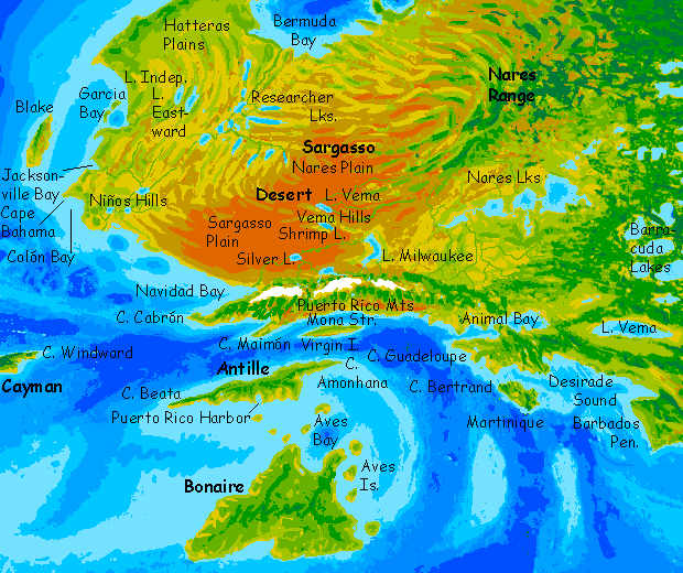 Map by Chris Wayan of southwestern Atlantis, a continent on Abyssia, an Earth where up is down and down is up.