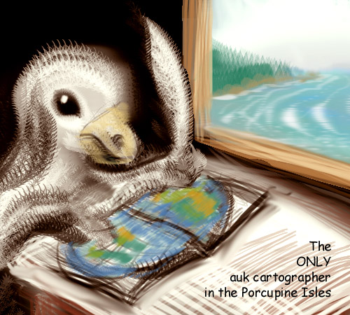 The only cartographer in the Porcupine Islands, a sentient Auk, mapping Antipodia (southern Agassiz), on Abyssia, an alternate Earth whose relief has been inverted: heights are depths and vice versa.