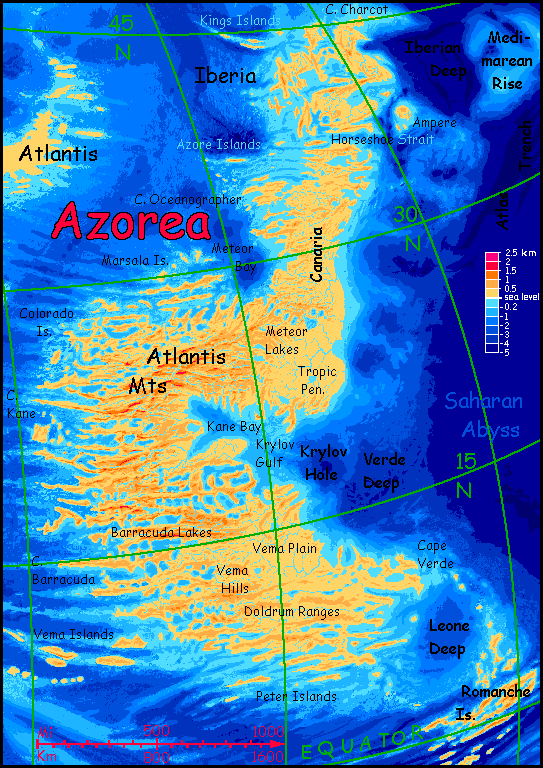 Altitude map of Azorea, a continent with fractal coasts on Abyssia, an Earth where up is down and down is up. Plains are gold, hills orange, mountains red, water blue.