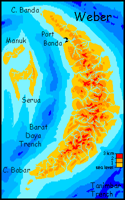 Map of Weber, in the Banda Archipelago on Abyssia, an alternate Earth whose relief has been inverted: heights are depths and vice versa. Weber corresponds to the Weber Deep southeast of New Guinea.