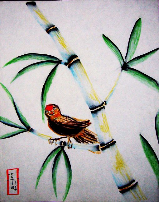 Red-crowned sparrow in bamboo, Hilgard Mountains in southern Pacifica on Abyssia; fake sumi painting by Wayan, really smeared feltpen.