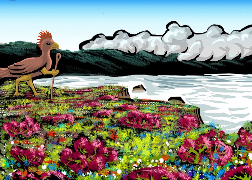 Flowering coastal bluff and a diatryma, an intelligent flightless bird native to Azorea on Abyssia. Digital sketch by Wayan, after a print by Tom Killion.