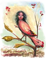 Sketch by Chris Wayan of a small birdwoman on a branch, on Abyssia, an Earth where up is down and down is up. Click to enlarge.