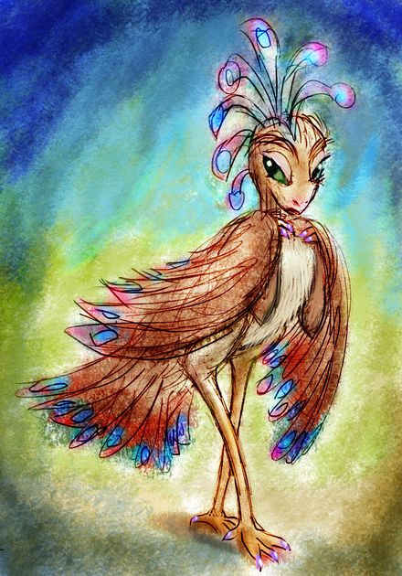 Avian cabaret dancer in fake wings & crest; Port Flores, Banda Islands, on Abyssia. Sketch by Wayan; click to enlarge.
