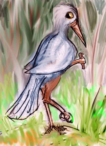 A kasowar, a tall sentient tropical bird on Abyssia, an Earth where up is down and down is up. Sketch by Wayan; click to enlarge.