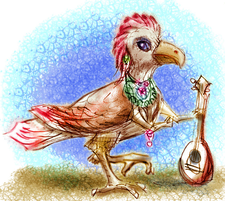 An avian musician with her lute, on Abyssia. Pencil sketch by Wayan.