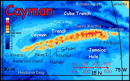 Map of Cayman, a rugged island west of Atlantis on Abyssia, an alternate Earth where up is down and down is up.
