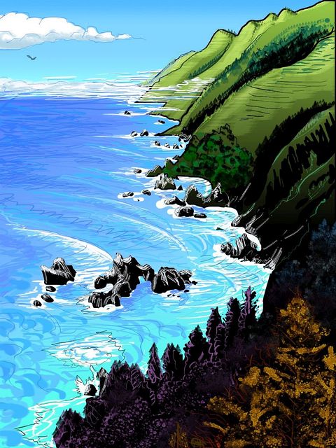 Steep coast, rock arch; tribute to 'McWay Rocks', a print by Tom Killion, by Wayan. Click to enlarge.
