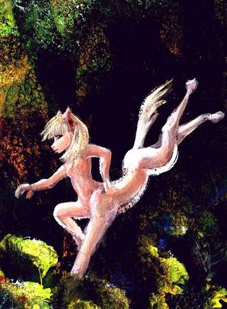 An equa leaping in woods of the Bight in Whartonia, on Abyssia. Sketch by Wayan painted with kitchen sponges. Click to enlarge.
