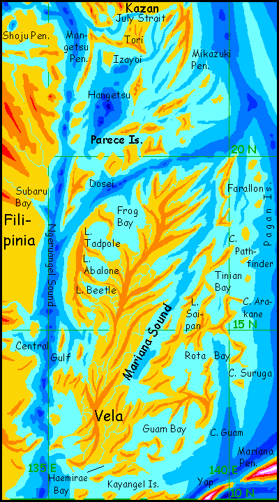 Map of Vela, an intricate 'fishbone' island of arcuate ridges and sounds west of our Mariana Trench, on Abyssia, an alternate Earth whose relief has been inverted: heights are depths and vice versa.