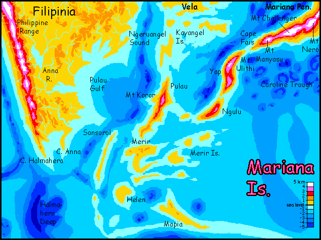 Map of the Mariana Islands on Abyssia, an alternate Earth whose relief has been inverted: heights are depths and vice versa.