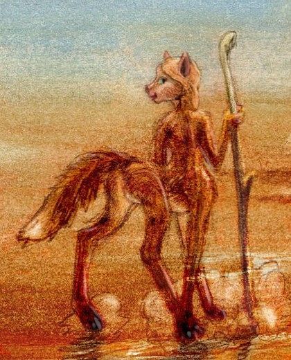 A foxtaur with walking stick in desert, on Abyssia, an alternate Earth. Sepia sketch by Chris Wayan.