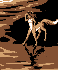 A foxtaur peering into water, on Abyssia, an alternate Earth. Sepia sketch by Chris Wayan.