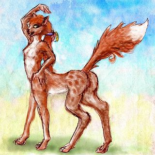 Sketch by Chris Wayan of a green-eyed red foxtaur carrying saddlebags on Abyssia, an alternate Earth where up is down and down is up.
