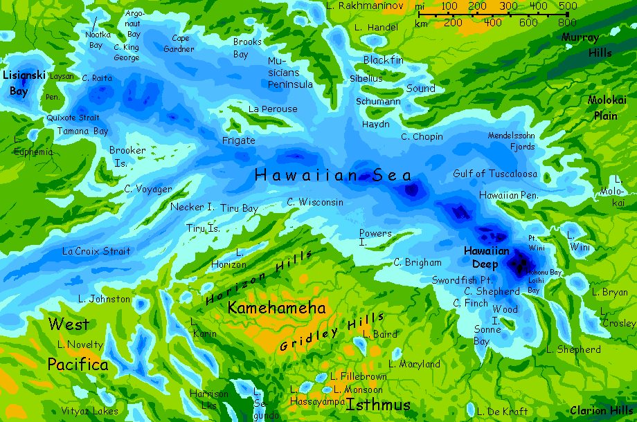 Map of the eastern Hawaiian Sea Basin on Abyssia, an alternate Earth whose relief has been inverted: heights are depths and vice versa.