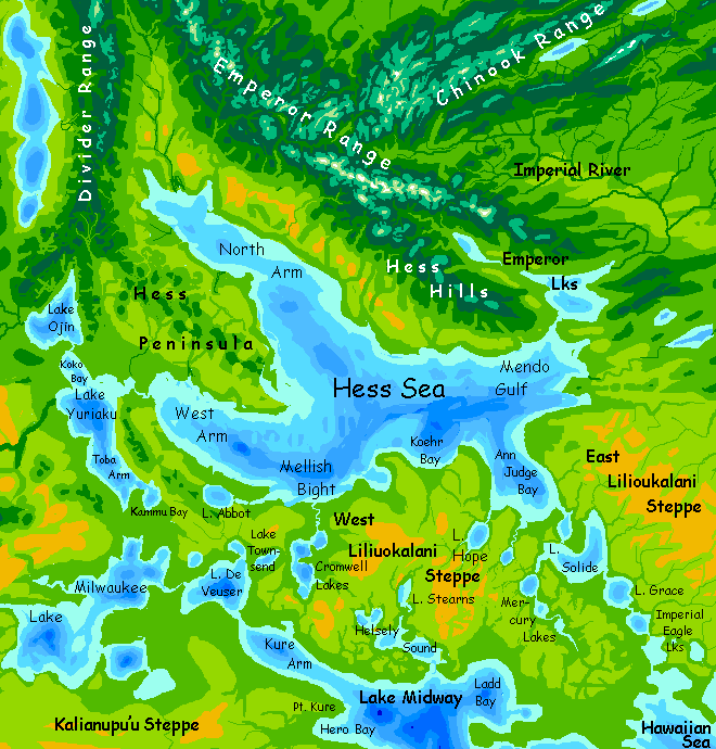 Map of Lake Hess, as big as the Black Sea, in northeast Pacifica, on Abyssia.