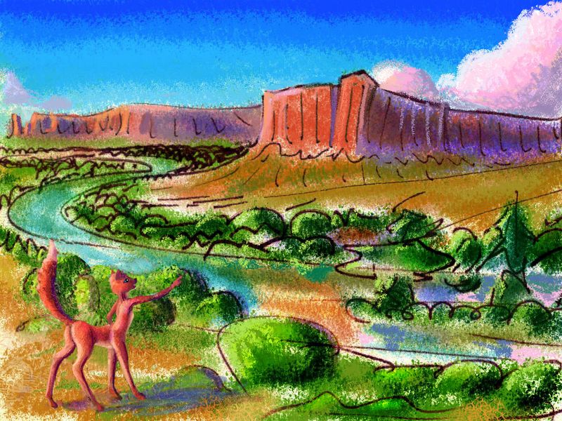 A foxtaur viewing redrock mesas at sunset; Mapmaker River, central Pacifica, on Abyssia, an alternate Earth. Sketch by Wayan; click to enlarge.