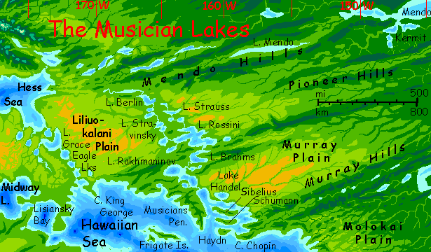 Map of NE Hawaiian Sea and Musician Lakes on Abyssia, an alternate Earth whose relief has been inverted: heights are depths and vice versa.