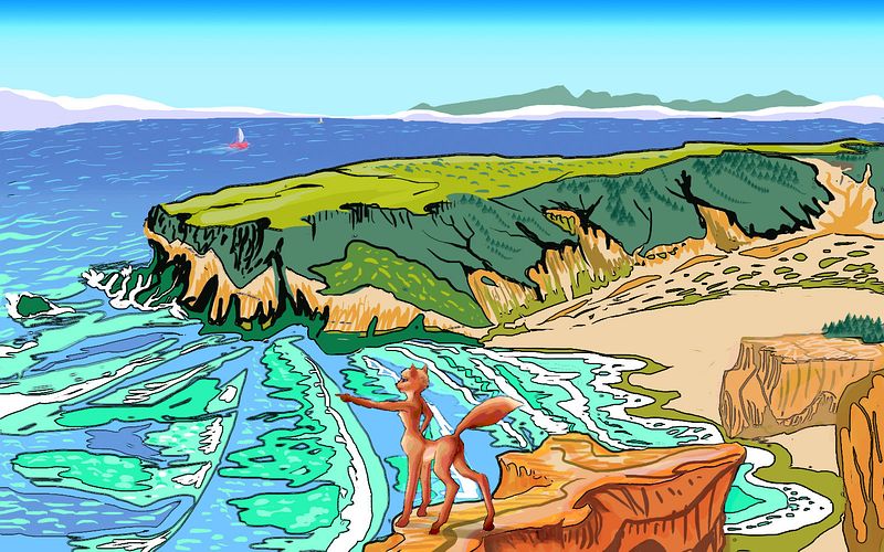A foxtaur on shore of Hawaiian Sea on Abyssia, an alternate Earth whose relief has been inverted. Faux print by Wayan after 'Bonny Doon Beach' by Tom Killion. Click to enlarge.