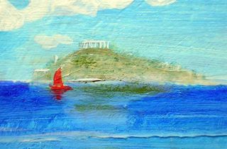 Mediterranean islet and red-sailed boat; Brooker Islands, Hawaiian Sea, on Abyssia, an alternate Earth. Acrylic sketch by Wayan; click to enlarge.