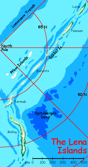 A map of the Lena Islands, corresponding to our Arctic Trench, on Abyssia, an Earth where high is low and low is high.