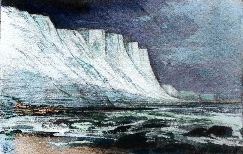 Ice-cliffs in the central Lena Islands, a polar chain on Abyssia, an alternate Earth in which up is down and down is up. Sketch by Wayan after a watercolor by Edward Lear.