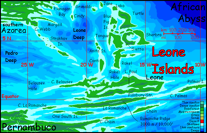 Map by Chris Wayan of the Leone Islands and Romanche, a rugged equatorial archipelago along the Atlantis Rift, on Abyssia, an Earth where up is down and down is up.