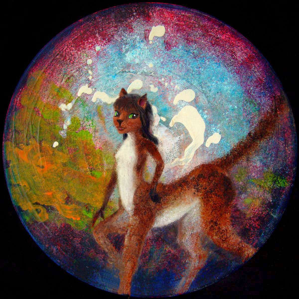 A leptaur, an intelligent centauroid feline omnivore on Abyssia, an alternate Earth where down is up and up down. Paint-sketch by Wayan on LP vinyl record; click to enlarge.