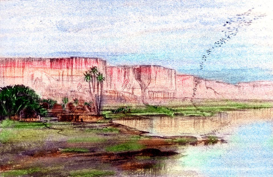 SKetch of lake at foot of desert cliffs; a 19th-century watercolor of Egypt, tinted and tweaked by Chris Wayan to represent the Marcus Lakes in Pacifica, an Earth where high is low and low high.