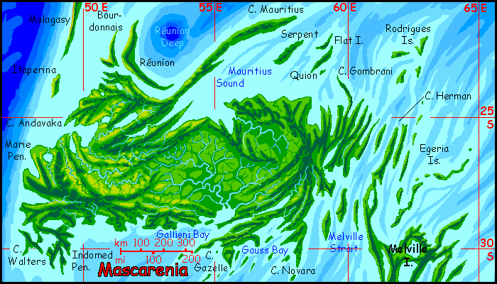 Map of Mascarenia, equivalent of Earth's Indian Ocean southeast of Madagascar, on Abyssia, an Earth where up is down and down is up. A wide, low, subtropical, mostly forested island with a fractal coast (long capes and sounds).