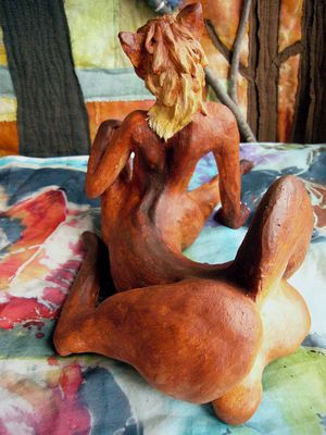 A foxtaur dancing under trees on old snowpatches; northeastern Pacifica, on Abyssia. Sculpture by Wayan. Click to enlarge.