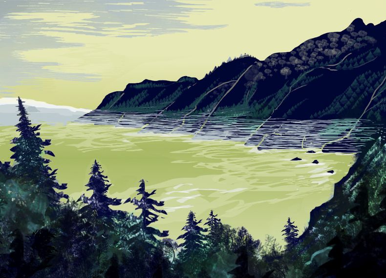 Sketch of Aleut Coast, far northern Pacifica, on Abyssia. Sketch by Wayan after a print by Tom Killion, 'Nepenthe'.