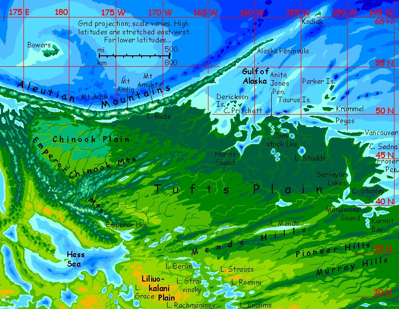Map of northeastern Pacifica, on Abyssia, an alternate Earth whose relief has been inverted: heights are depths and vice versa.