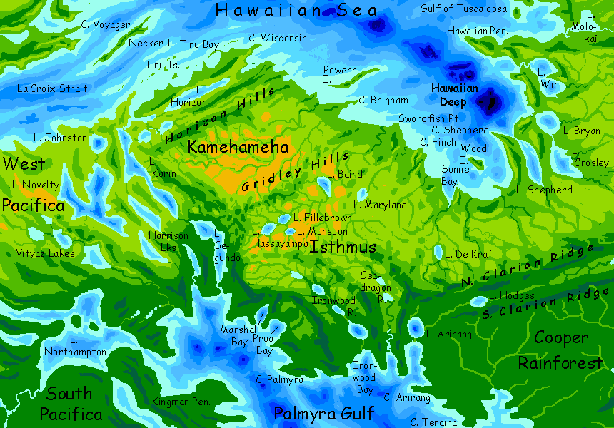 Map of the Kamehameha Isthums and Canal Zone in south-central Pacifica, on Abyssia, an alternate Earth whose relief has been inverted: heights are depths and vice versa.