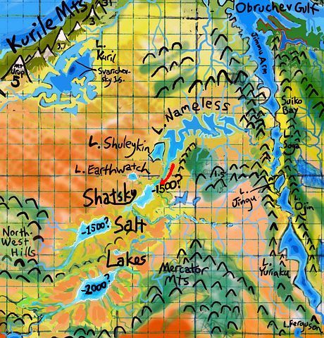 Map of Shatsky Salt Lakes, 2-3 km below sea level, on Abyssia. Click to enlarge.