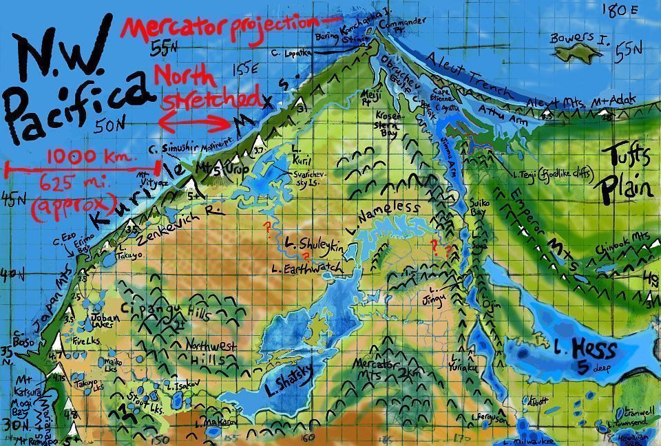 Sketchmap of the mountains and lakes of northwest Pacifica, on Abyssia, an alternate Earth whose relief has been inverted: heights are depths and vice versa.